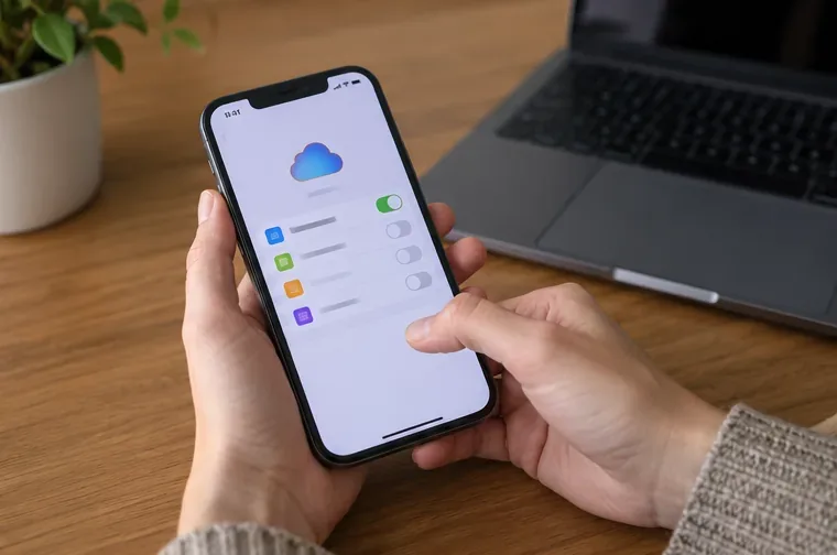 Manos sosteniendo un smartphone durante la revisión de la copia de seguridad y el proceso previo al restablecimiento de fábrica
