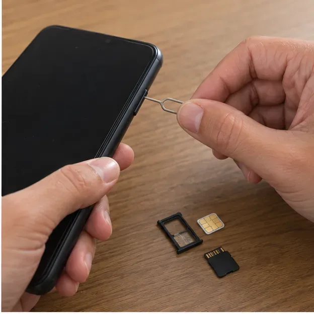 Manos retirando la bandeja SIM y una tarjeta de memoria de un smartphone