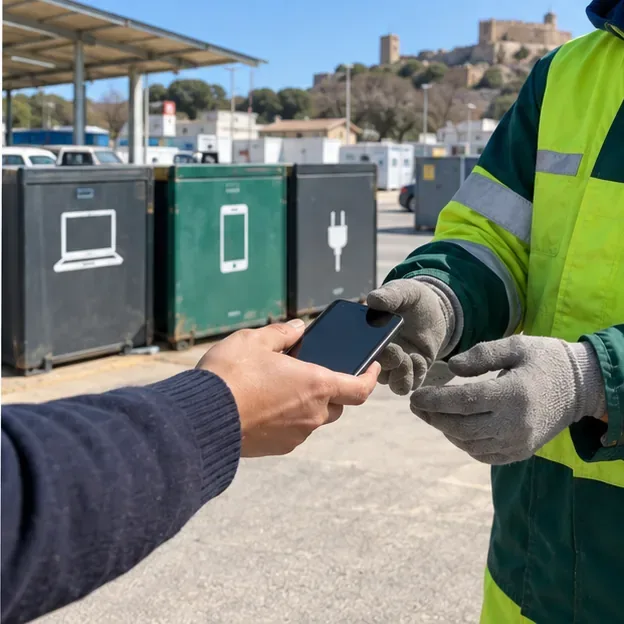 Persona entregando un smartphone a un trabajador de un punto de recogida de residuos electrónicos