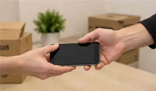 Dos personas se pasan un teléfono con la pantalla negra sobre una mesa, con cajas al fondo.