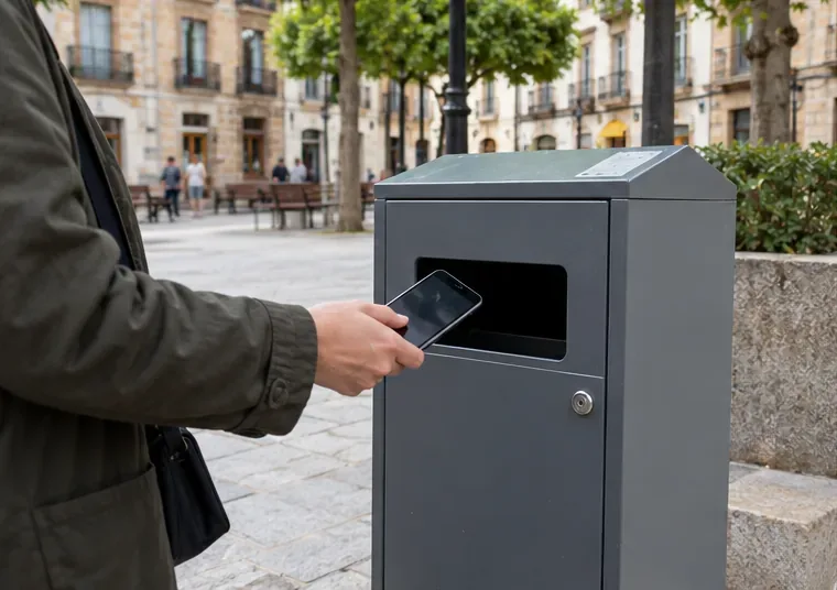 Una persona se dispone a entregar un teléfono apagado en un contenedor urbano de residuos electrónicos.
