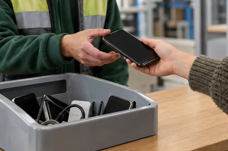Persona que entrega un teléfono intacto a un trabajador junto a una caja de pequeños aparatos electrónicos