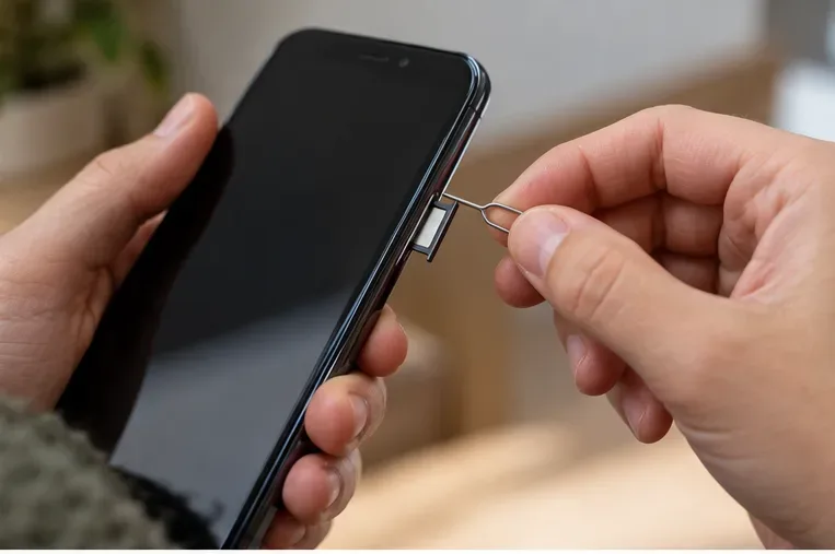 Manos que extraen con una herramienta pequeña la bandeja SIM de un teléfono intacto