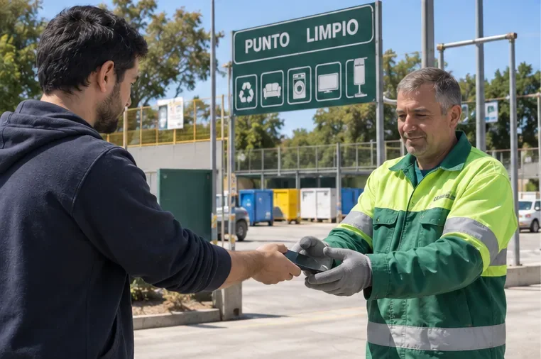 Usuario entregando un teléfono móvil a un trabajador en una instalación señalizada como punto limpio