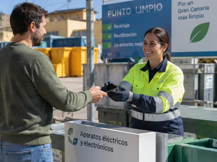 Un usuario entrega un teléfono móvil a una trabajadora de un punto limpio en la zona destinada a aparatos eléctricos y electrónicos.