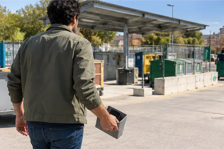 Persona acercándose con un teléfono a una instalación de recogida selectiva de residuos