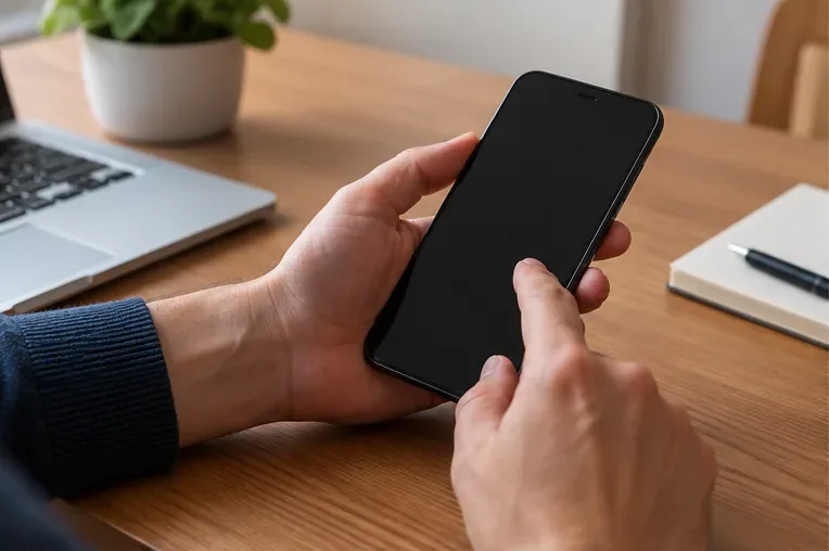 Persona sujetando un teléfono móvil junto a un portátil antes de preparar sus datos para el reciclaje