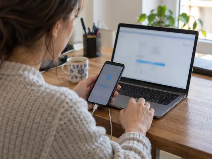 Una persona conecta un teléfono móvil a un portátil antes de transferir sus archivos