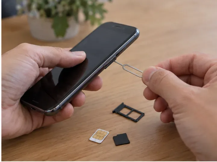 Manos retirando la tarjeta SIM y una tarjeta de memoria de un teléfono móvil
