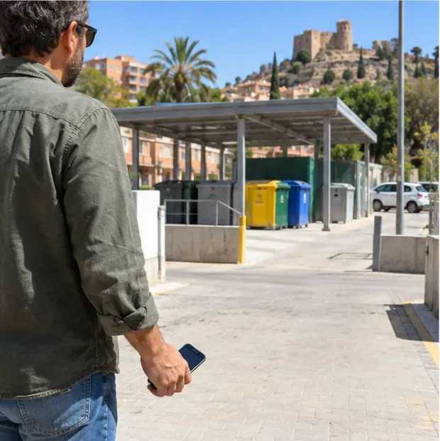 Una persona lleva un teléfono apagado hacia una zona municipal de recogida selectiva en un entorno urbano