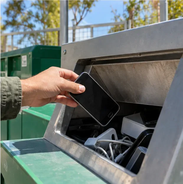 Una mano deposita un teléfono móvil apagado en un contenedor destinado a aparatos electrónicos