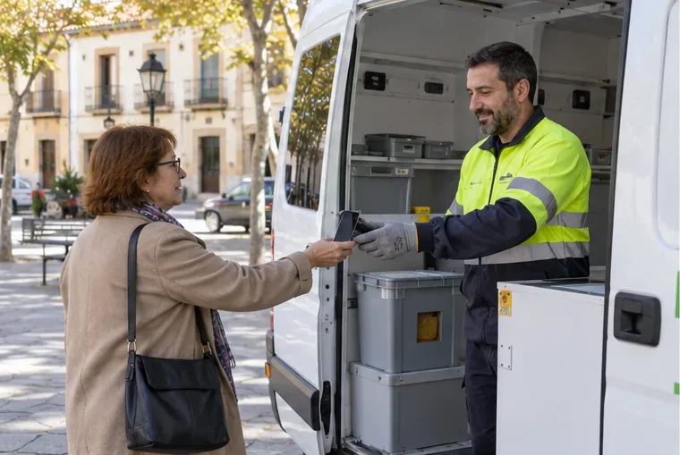Una vecina entrega un teléfono a un operario junto a un vehículo de recogida municipal