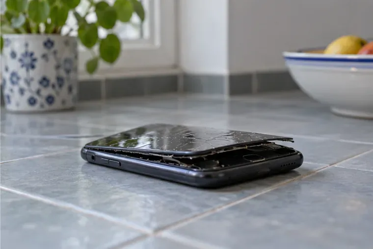 Un teléfono muy dañado con la pantalla separada permanece sin tocar sobre una superficie cerámica