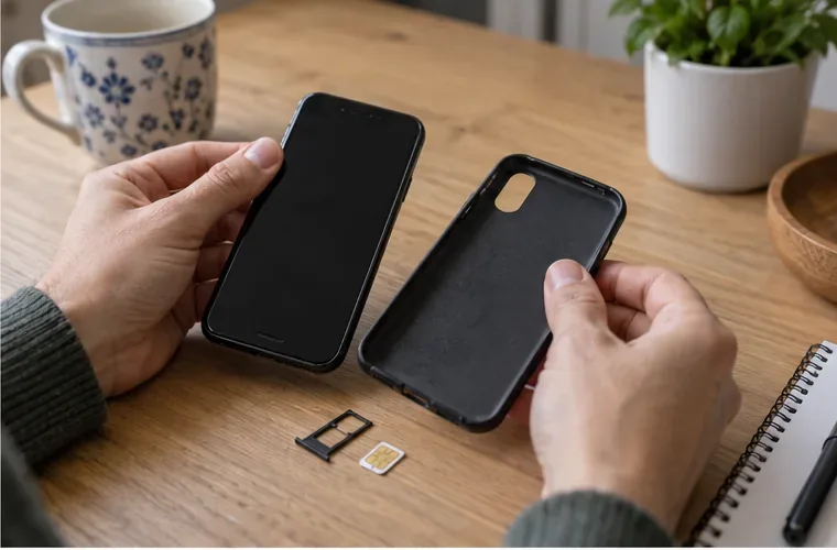Manos retiran la funda de un móvil y dejan una bandeja SIM y una tarjeta sobre una mesa