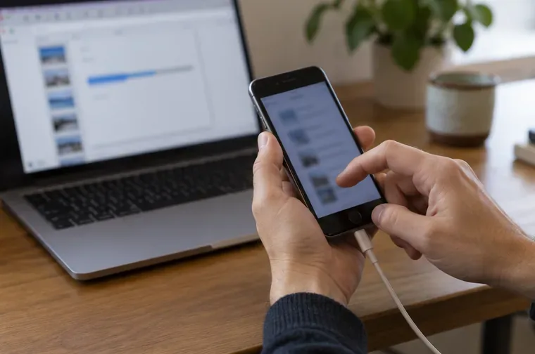 Una persona conecta un móvil antiguo a un portátil para guardar una copia de sus datos