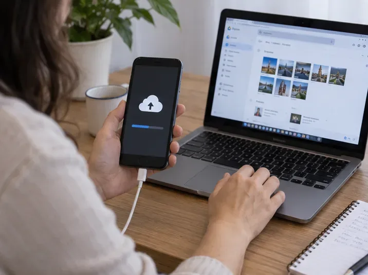Una persona realiza una copia de seguridad de los datos de un teléfono móvil en un ordenador antes de reciclarlo
