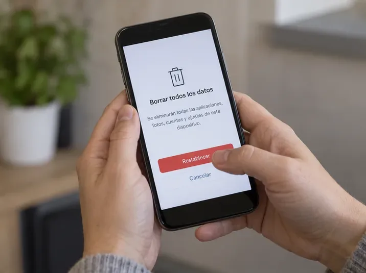 Manos sosteniendo un teléfono mientras se muestra una pantalla de borrado completo de datos antes del reciclaje