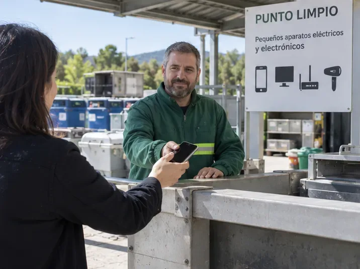 Una persona entrega un teléfono móvil a un trabajador en un punto limpio para pequeños aparatos eléctricos y electrónicos