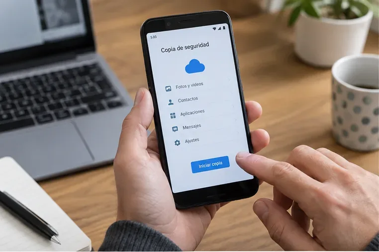 Una persona sostiene un smartphone y revisa una pantalla de copia de seguridad antes de reciclarlo