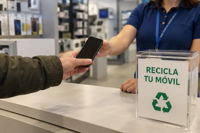 Una persona entrega un smartphone usado al personal de una tienda junto a un punto de recogida para móviles