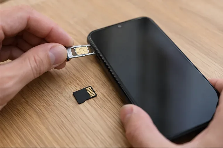 Una mano retira la bandeja SIM de un smartphone mientras una tarjeta microSD está sobre la mesa