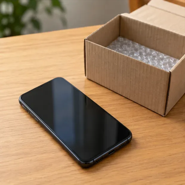 Teléfono móvil junto a una caja de cartón acolchada, listo para transportarse con protección hasta un punto de recogida