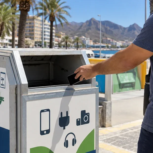 Persona depositando un teléfono móvil en un contenedor destinado a aparatos electrónicos en un entorno urbano costero