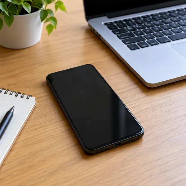 Teléfono móvil apagado sobre una mesa junto a un portátil, preparado para copiar y revisar los datos antes de reciclarlo