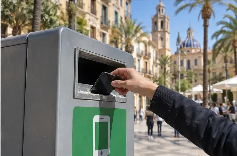 Una mano deposita un teléfono móvil en un contenedor genérico de recogida selectiva de pequeños aparatos electrónicos en una calle de Valencia