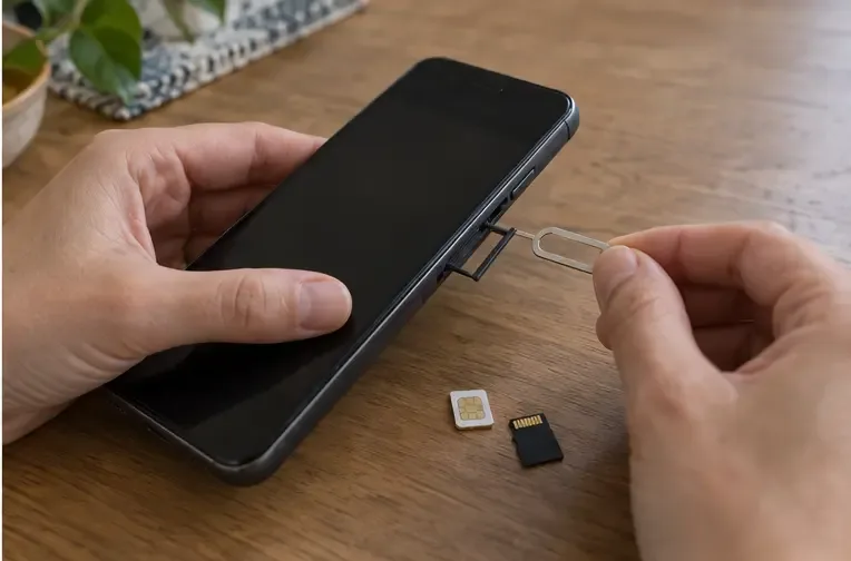 Una persona extrae la tarjeta SIM y una tarjeta microSD de un teléfono apagado sobre una mesa