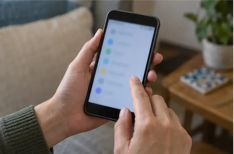 Una persona revisa la pantalla de ajustes desenfocada de un teléfono antes de borrar sus datos personales