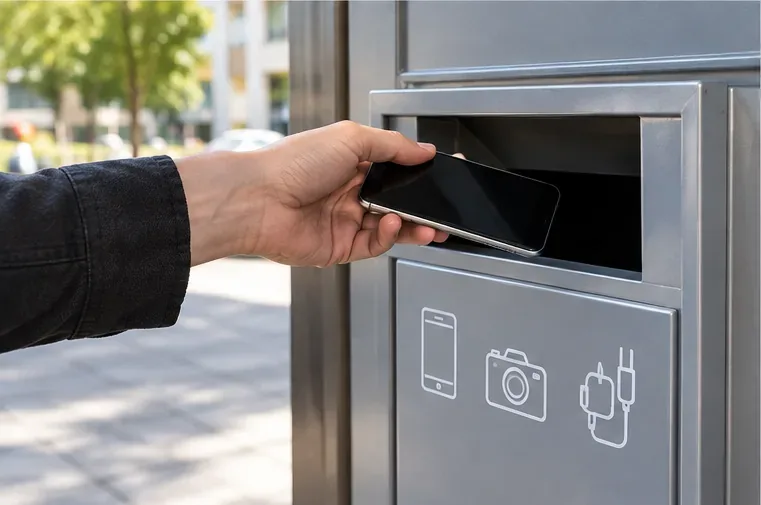 Persona introduciendo un teléfono móvil en un contenedor específico para pequeños aparatos electrónicos