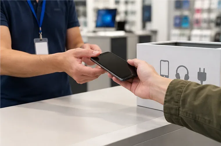 Cliente entregando un teléfono móvil usado a un empleado en el mostrador de una tienda de electrónica
