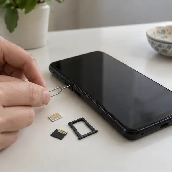 Una mano extrae la tarjeta SIM de un móvil apagado y deja junto a él una tarjeta microSD
