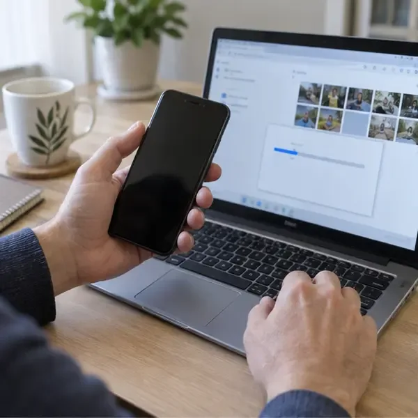 Una persona copia los datos de un móvil antiguo mientras consulta un ordenador portátil