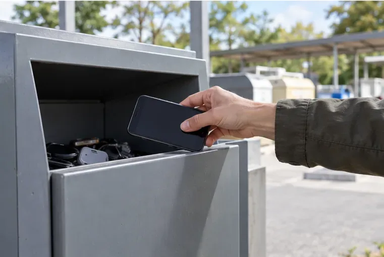 Una mano deposita un teléfono usado en un receptáculo para pequeños aparatos eléctricos
