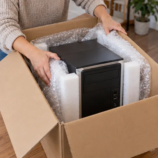 Una torre de ordenador protegida con material acolchado dentro de una caja de cartón