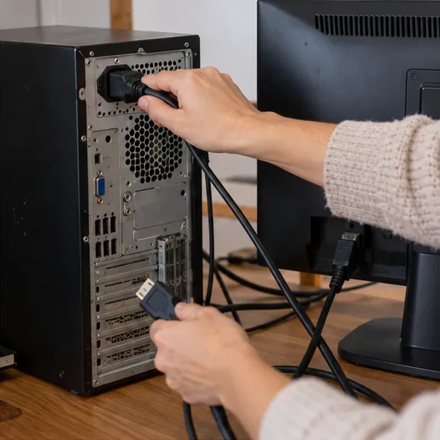 Manos desconectan los cables de alimentación y vídeo de una torre y una pantalla