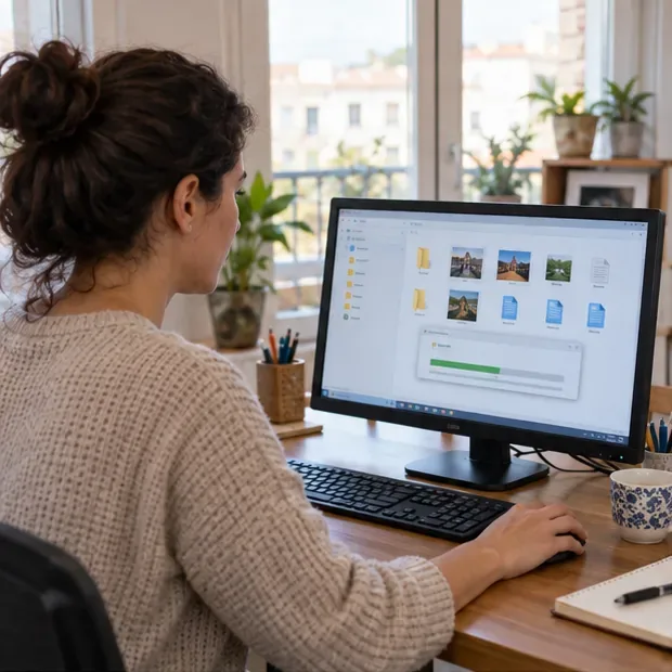 Una persona revisa archivos en un ordenador doméstico antes de preparar el equipo para su entrega
