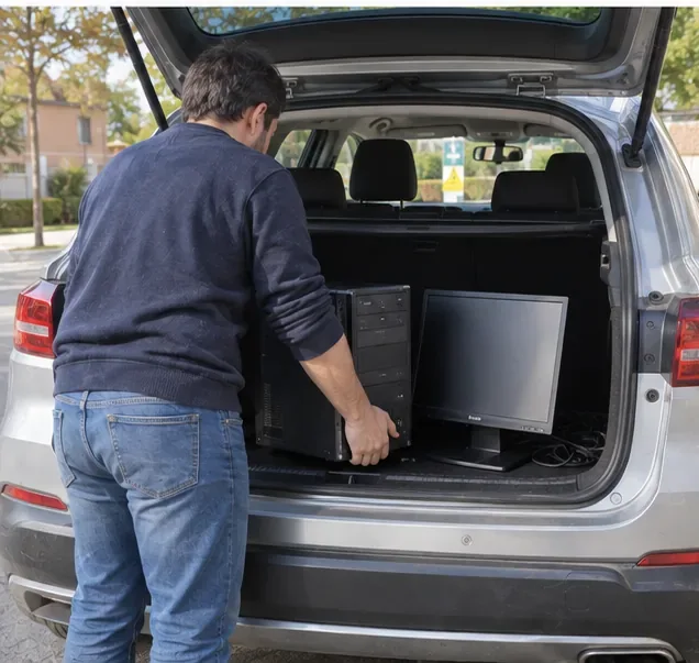 Persona colocando una torre y un monitor de ordenador en el maletero de un coche para transportarlos a un punto limpio