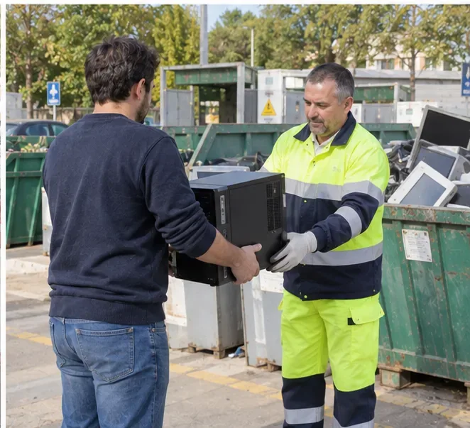 Persona entregando una torre de ordenador a un trabajador en una instalación de recogida de residuos electrónicos