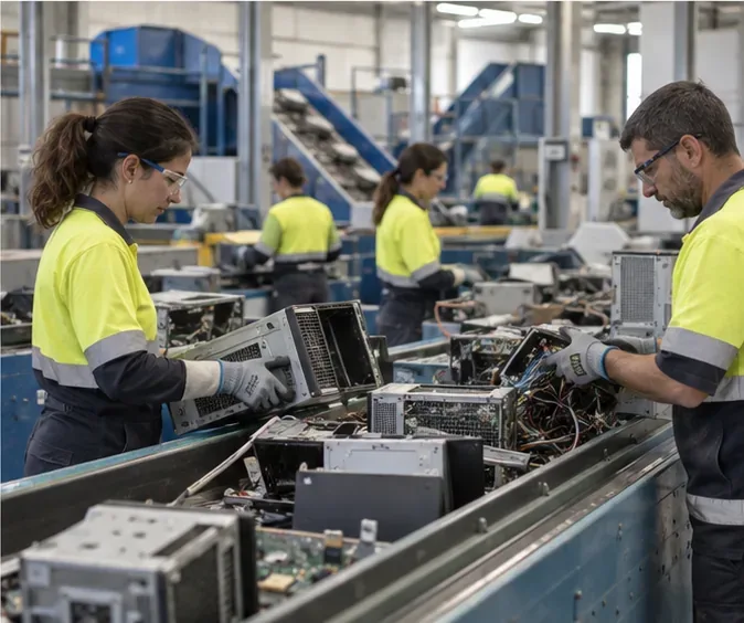 Trabajadores clasifican ordenadores, cables y componentes electrónicos en una instalación industrial
