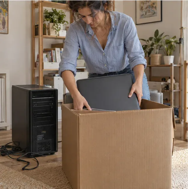 Una mujer coloca un ordenador portátil antiguo en una caja mientras una torre permanece desconectada