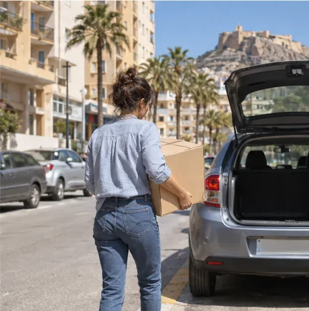 Una mujer transporta una caja con un ordenador antiguo hacia un coche en una calle de Alicante