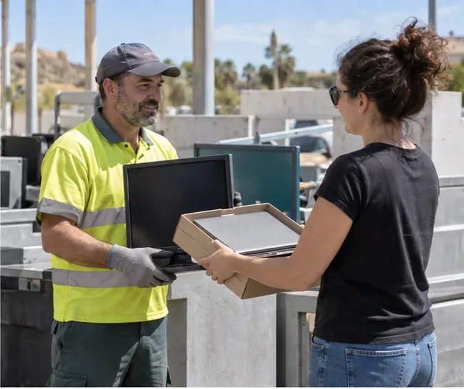 Una vecina entrega un portátil y un monitor a un trabajador de un ecoparque