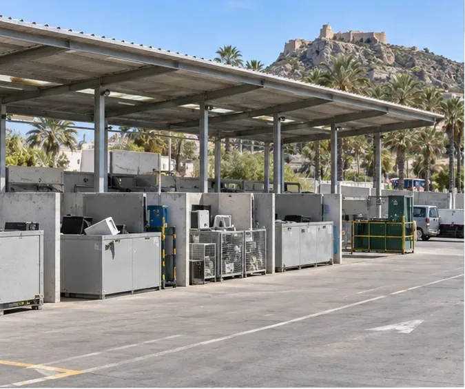 Vista de un ecoparque con contenedores para residuos especiales y aparatos electrónicos