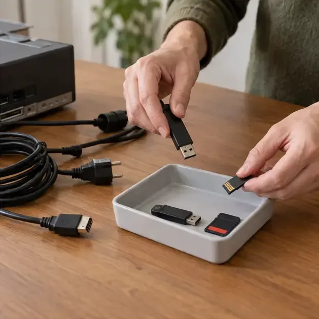 Manos retirando una memoria USB y una tarjeta SD de los accesorios de un ordenador antes de llevarlo a reciclar