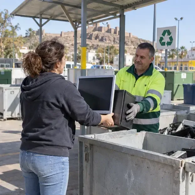 Vecina entregando una torre y un monitor a un trabajador en una instalación de recogida de residuos electrónicos