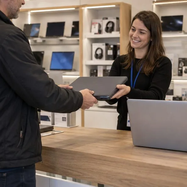 Una clienta entrega un ordenador portátil usado al personal de una tienda al comprar otro equipo