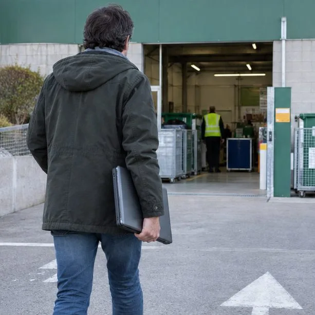 Una persona lleva un ordenador portátil cerrado hacia una instalación de recogida de residuos electrónicos